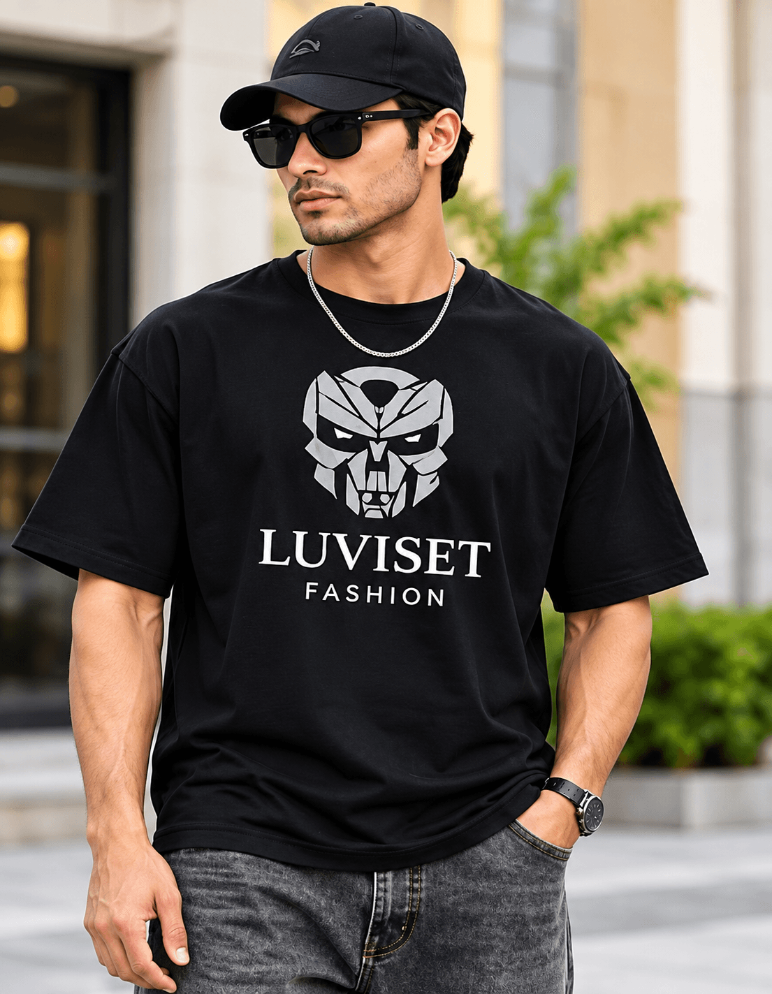 Luviset Cyber Mecha Skull Graphic Oversized Tee - Black