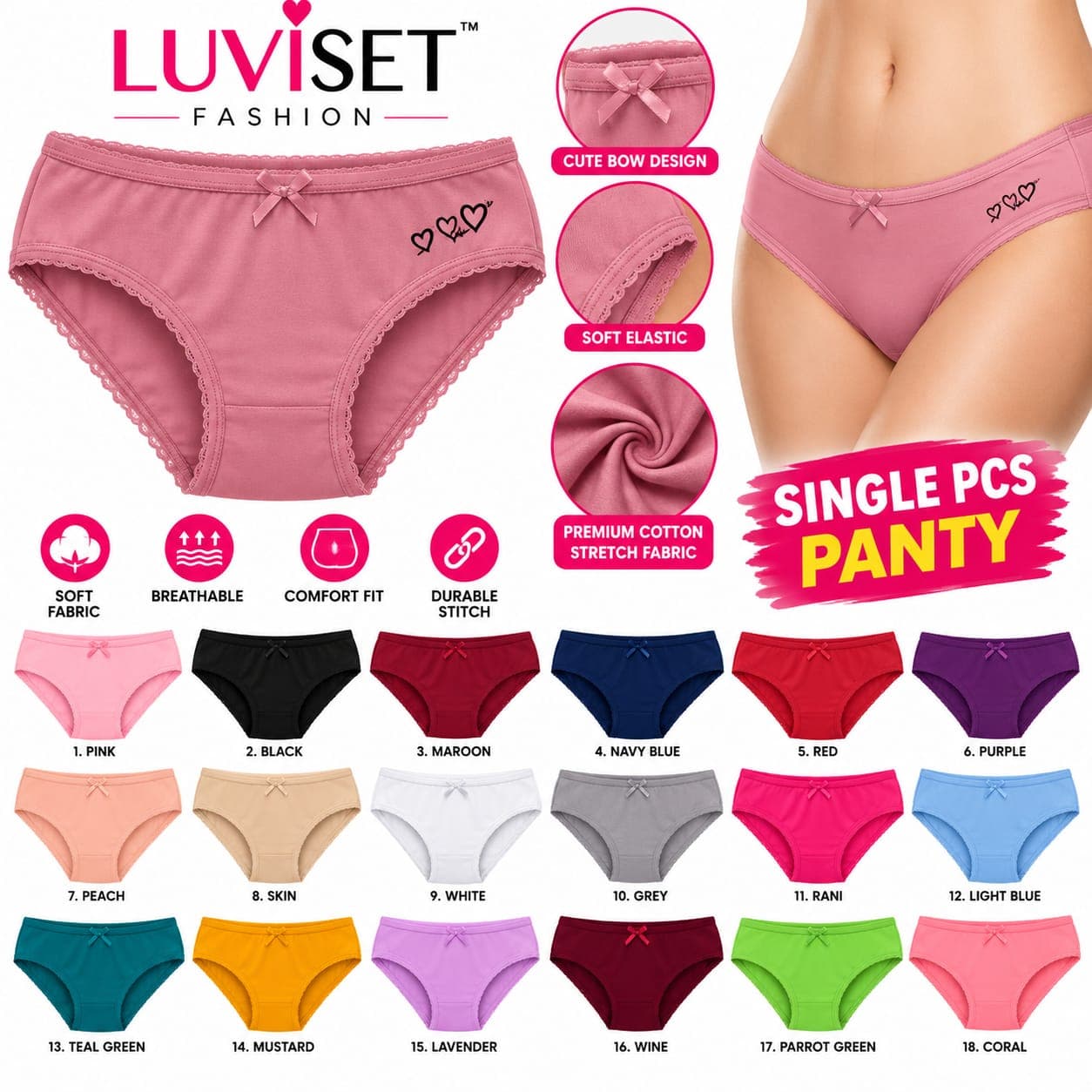 Luviset Cotton Stretch Bow Panty - Single Piece (18 Colours)